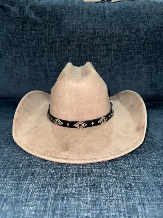Suede Western Fedora Hat in Taupe with Studded Band - Picture 3 of 12